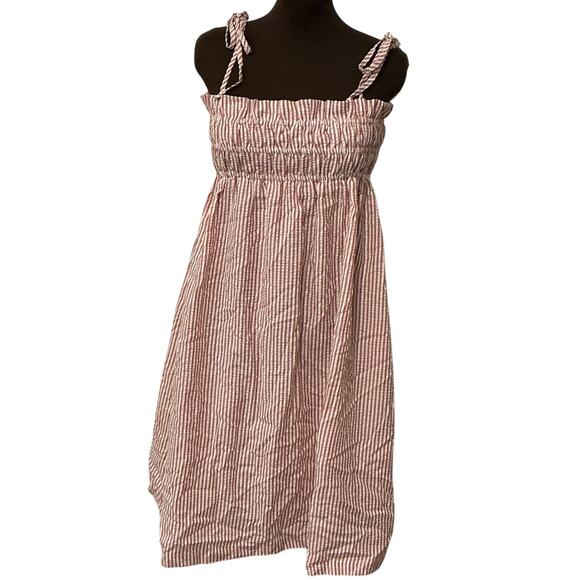 Buddy Love Pink Red Smocked Stripes Seersucker Shoulder Ties Lexi Dress Size L - Picture 1 of 12